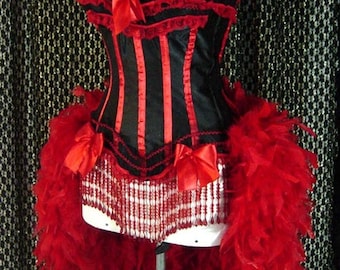 Red and Black Victorian Lace Burlesque Costume Red Feathers