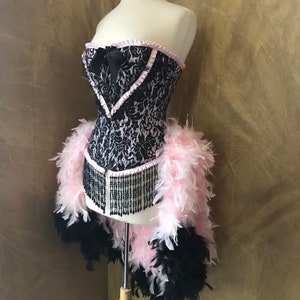 Size L-Pink/Black Ruffle & Lace Burlesque Cabaret Pin Up Circus Carnival Costume Feather