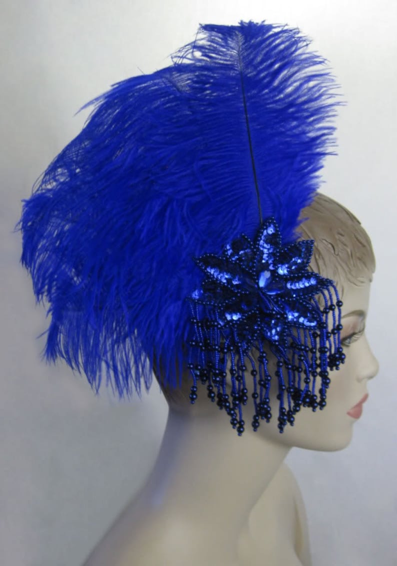 Custom Made Royal Blue Ostrich Feather Fascinator Headdress Hair Clip with Sequins /& Beaded Fringe