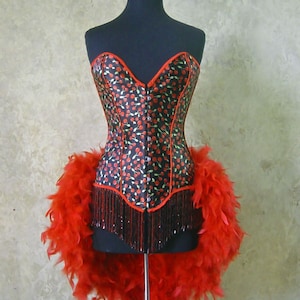 Ready now L-Double Beaded Cherry Pin Up Showgirl Saloon Girl Can Can  Burlesque Costume w/Feather Train
