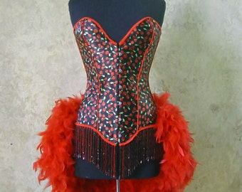 SALE-S,M,L,XL-Double Beaded Cherry Pin Up Showgirl Saloon Girl Can Can  Burlesque Costume w/Feather Train