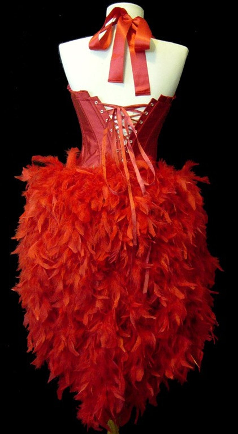 Pick Size-Red Scattered Crystal Pin Up Showgirl Saloon Girl Can Can Burlesque Costume w/Feather Train image 2