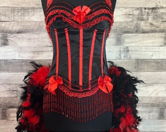 Pick Size-Red & Black Victorian Lace Burlesque Saloon Cabaret Pin Up Circus Carnival Costume Feather
