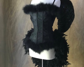 Pick Size-Black Dark Angel Gothic Burlesque Feather Costume w/Wings Crow Black Bird Raven