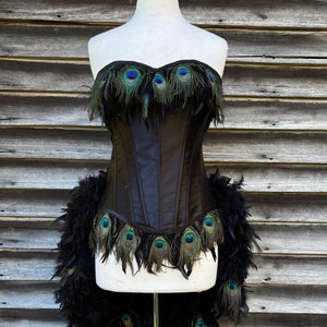 Ready Now-XL-Black Peacock Eye Feather Brocade  Burlesque Costume w/Feather Train