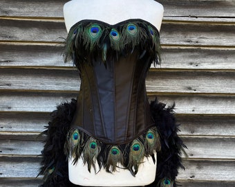Pick Size-Black Peacock Eye Feather Brocade  Burlesque Costume w/Feather Train