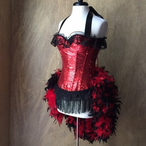 M-Red Sequin Black Lace Burlesque Cabaret Pin Up Circus Carnival Feather Costume