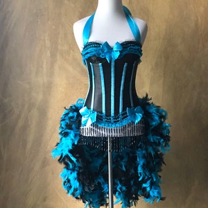 READY NOW- XL (30)Capri Blue & Black Victorian Lace Burlesque Cabaret Pin Up Circus Carnival Costume Feather