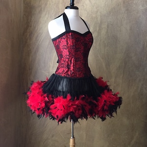 Medium (26)-Saloon Girl Can Can Miss Kitty Costume w/ Halter Corset & Feather Trim Skirt