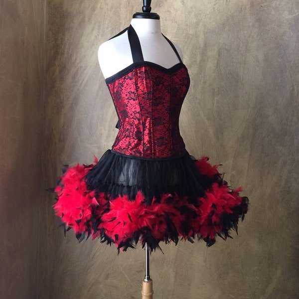 Moyenne (26) - Déguisement saloon pour fille Can Can Miss Kitty avec corset dos nu et jupe bordée de plumes