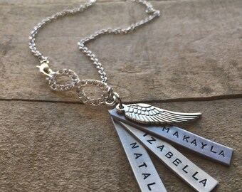 Name tags personalized infinity charm necklace with wing hand stamled with birth date initials name or whatever you want