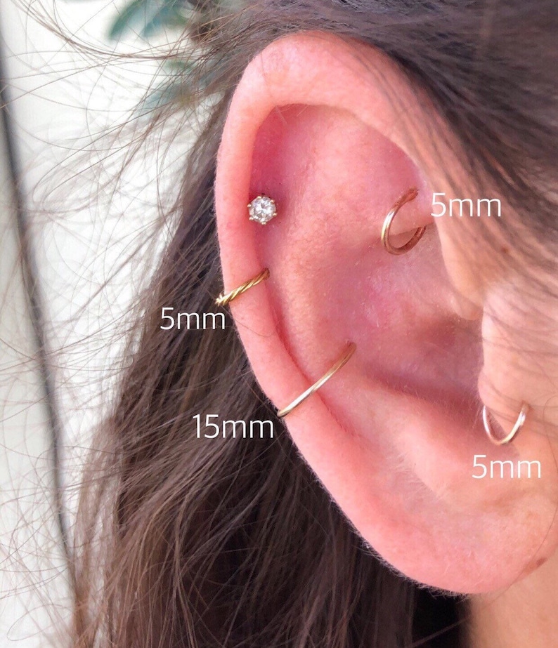 14k GoldRose Filled Cartilage Jewlery dainty hammered hoop earring 20 gauge 18g 5mm 7mm 10mm 15mm conch helix tragus daith 14kt gold silver