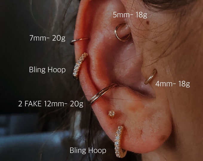 Featured listing image: 14k Silver, Rose,Gold Filled Cartilage Huggie dainty endless hoop earring 20 gauge 18 gauge upper lobe conch helix tragus daith 14kt 22g 16g
