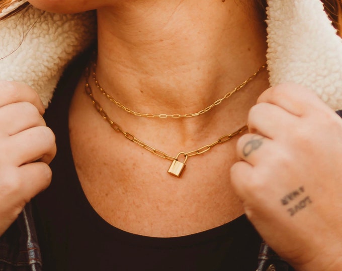 Featured listing image: Lock Necklace and Dainty Small Gold Chain Necklace, Mothers Day Gifts, Minimalist Necklaces, 18K Gold Plated, Padlock Pendant
