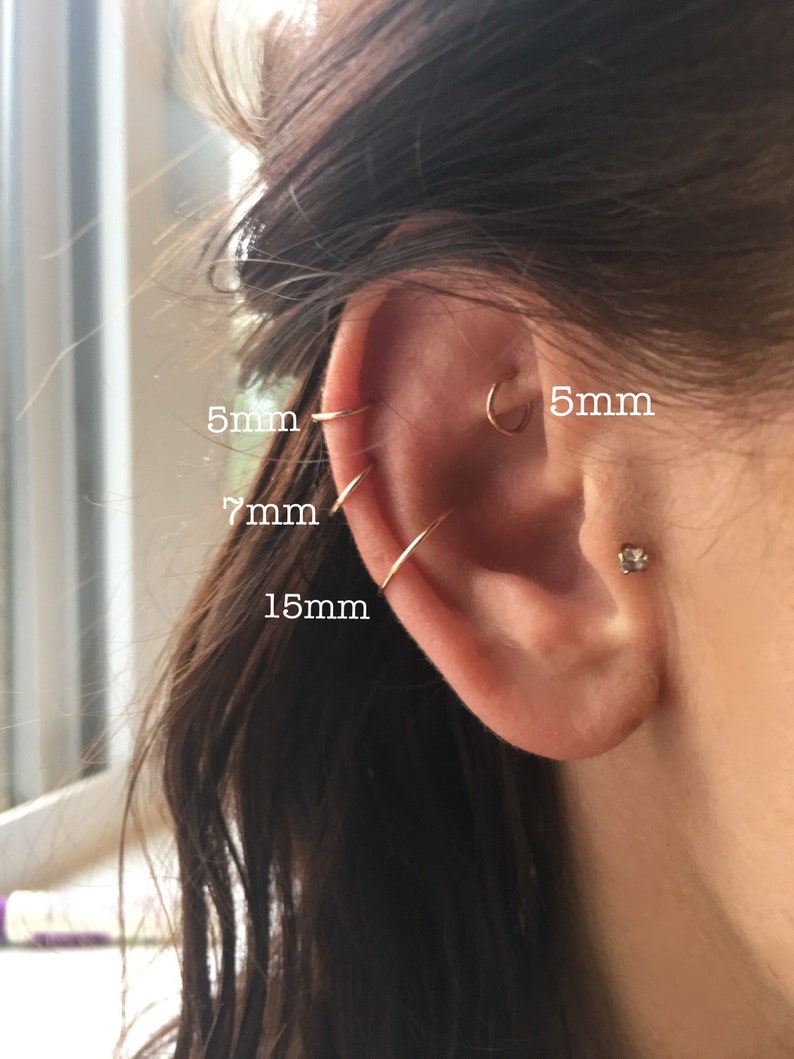14k GoldRose Filled Cartilage Jewlery dainty hammered hoop earring 20 gauge 18g 5mm 7mm 10mm 15mm conch helix tragus daith 14kt gold silver