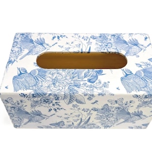 Handmade Blue Toile Decoupage Wood Tissue Box Holder with Birds and Floral Design