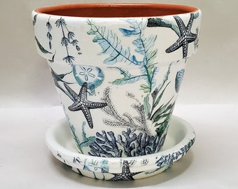 Handmade Decoupage Terra Cotta Indoor Flowerpot, Seashells, Coral, Beach Decor, Nautical 6&quot;