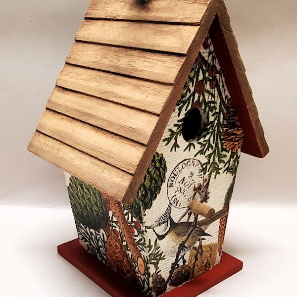 Tall Decorative Wood Birdhouse with Loop Hanger, Birds, Spruce Tree, Mantle Decor, 8.5"