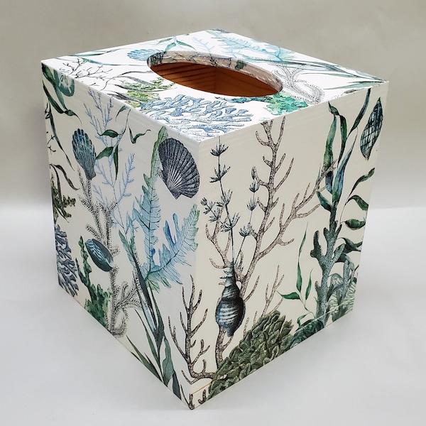 Handmade Decoupage Wood Tissue Box Cover, Ocean Tide, Seashells, Beach Decor