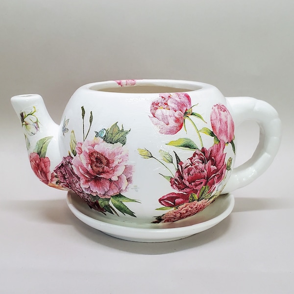 Handmade Decoupage Ceramic Teapot Indoor Planter, Blush Peony, Succulent Planter-4" x 6 3/4"