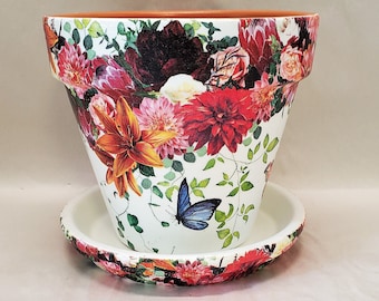 Handmade Decoupage Terra Cotta Indoor Flowerpot, Indoor Planter, Floral Melody, Butterflies, 6&quot;