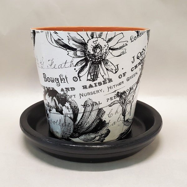 Handmade Decoupage Terra Cotta Indoor Flowerpot, Garden Decor, White & Black Botanical, 4.75"