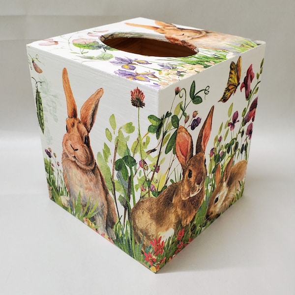 Handmade Decoupage Wood Tissue Box Cover, Bunnies, Spring Decor, Easter