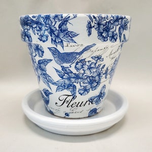 Handmade Decoupage Terra Cotta Indoor Flowerpot, Indoor Planter, White & Blue Birds, Floral, 6"