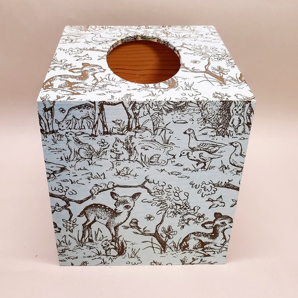 Handmade Decoupage Wood Tissue Box Cover, Blue Lullaby Meadow Toile, Nursery Tissue Box, Nursery Decor