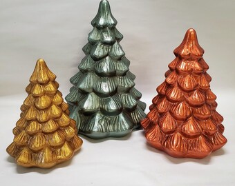 Set of 3 Hand Painted Ceramic Christmas Trees, Metallic Teal, Copper and Gold, Christmas Decor, Mantle Decor, Metallic Christmas Trees