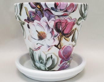 White /& Pink Magnolia Flowers Handmade Decoupage Terra Cotta Clay Pot 8.25
