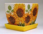 Made To Order, Handmade Decoupage Square Ceramic Indoor Flower Pot, Sunflowers, Floral, 4 quot