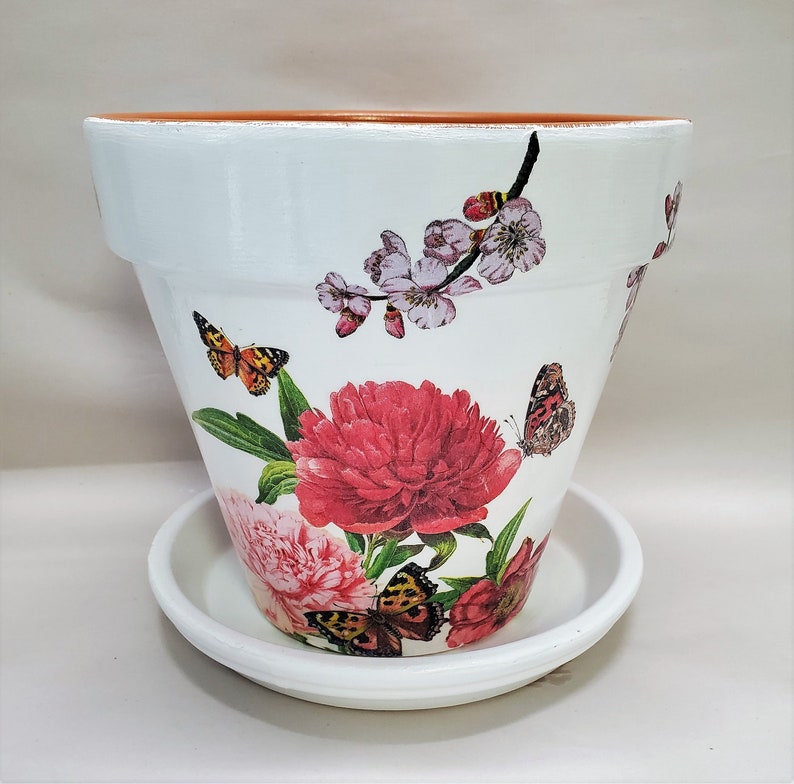 Handmade Decoupage Terra Cotta Indoor Pot Peony Flowers Etsy