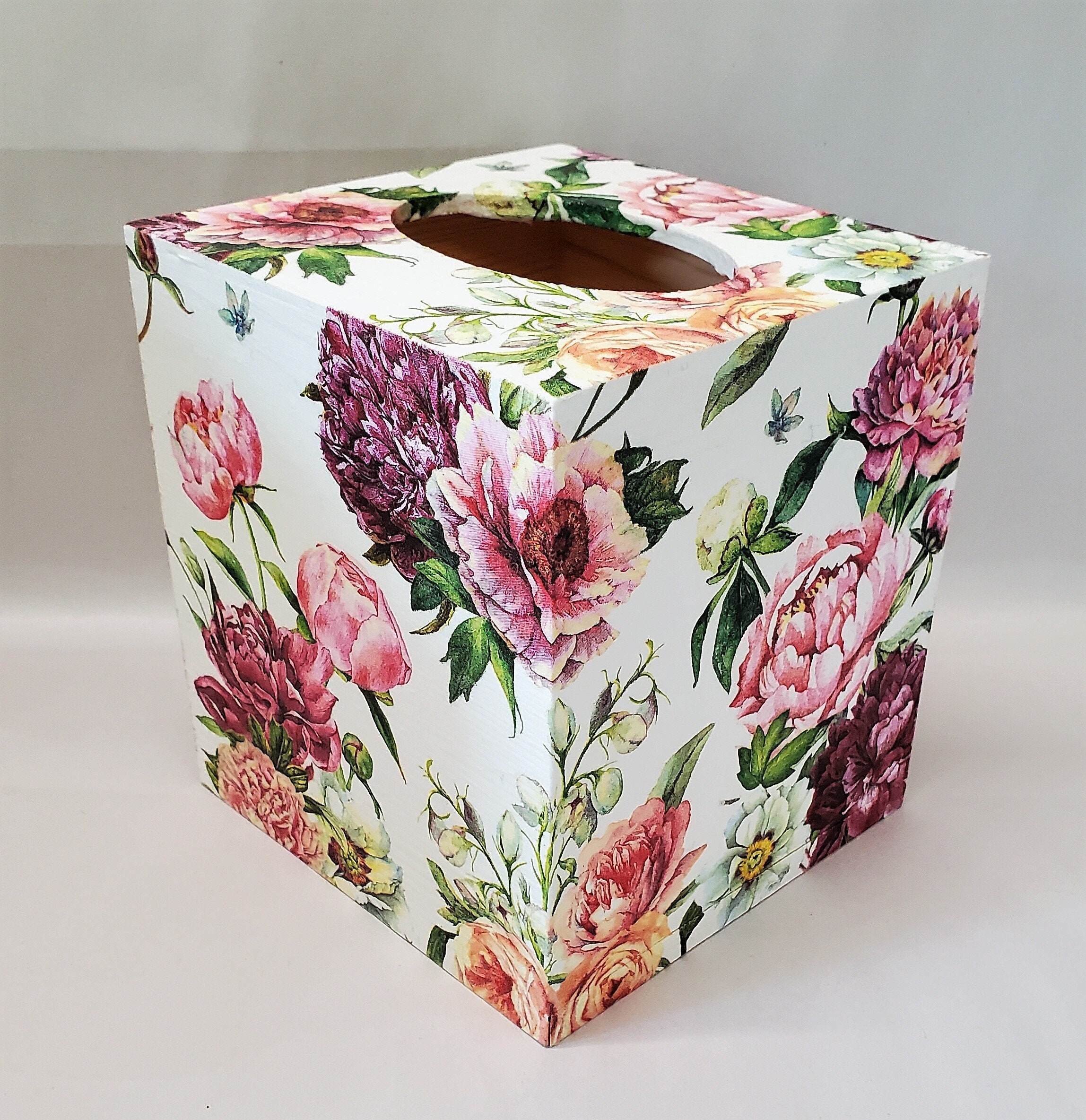Handmade Decoupage Wood Tissue Box Cover, Blush Peony