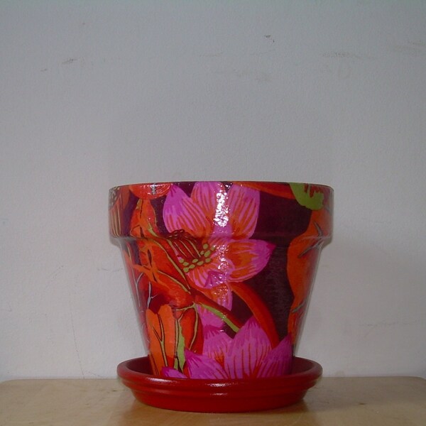 Handmade Fabric Covered Terra Cotta Clay Flower Pot Lily Pad Blossoms