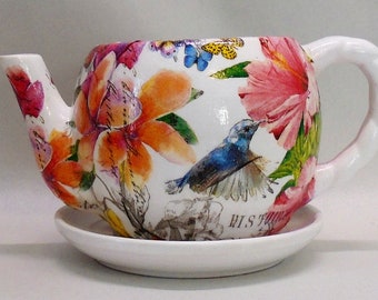 Made To Order, Handmade Decoupage Ceramic Teapot Flower Pot, Birds, Plumeria Flowers, 4", Succulent Pot
