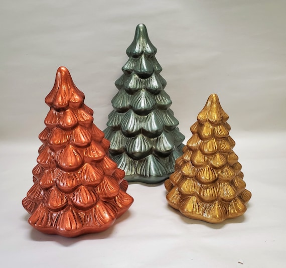 Set of 3 Hand Painted Ceramic Christmas Trees Metallic Teal Etsy