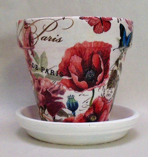 Handmade Decoupage Flower Pot Floral Made To Order Birds 7.5/"