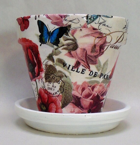 Handmade Decoupage Flower Pot Floral Made To Order Birds 7.5/"