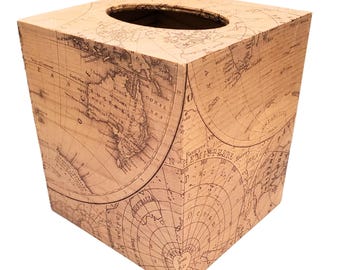 Handmade Decoupage Wood Tissue Box Cover, Vintage Map, Nautical Decor