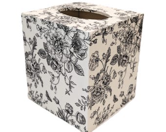 Handmade Black and White Floral Decoupage Wood Tissue Box Holder