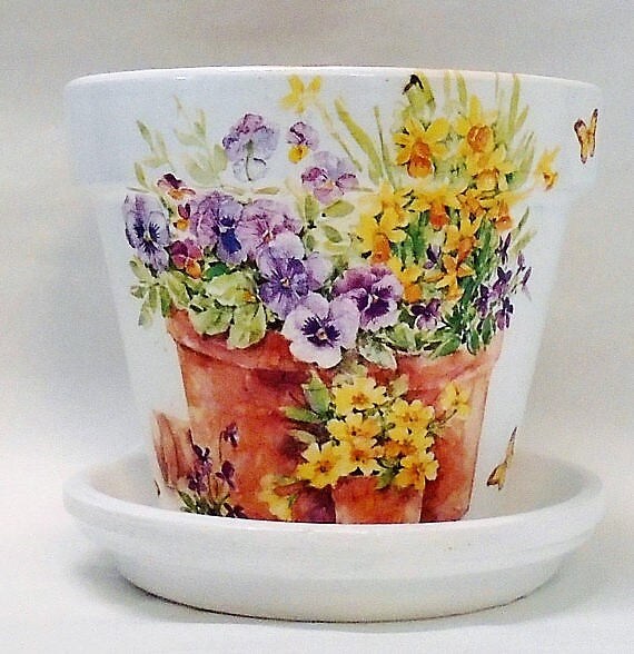 White /& Pink Magnolia Flowers Handmade Decoupage Terra Cotta Clay Pot 8.25