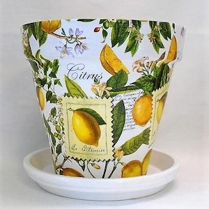 Handmade Decoupage Terra Cotta Indoor Flowerpot, Indoor Planter, Lemon Tree Planter, Lemons, Citrus, 9.75"