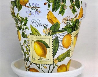 Handmade Decoupage Terra Cotta Indoor Flowerpot, Indoor Planter, Lemon Tree Planter, Lemons, Citrus, 9.75"