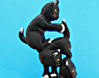 Cast Iron Door Stop, 3 Black and White Kittens, Heavy Metal, Collectible Door Holder, Home Decor, Stacked Cats, Playful Kitty Cats, Welded