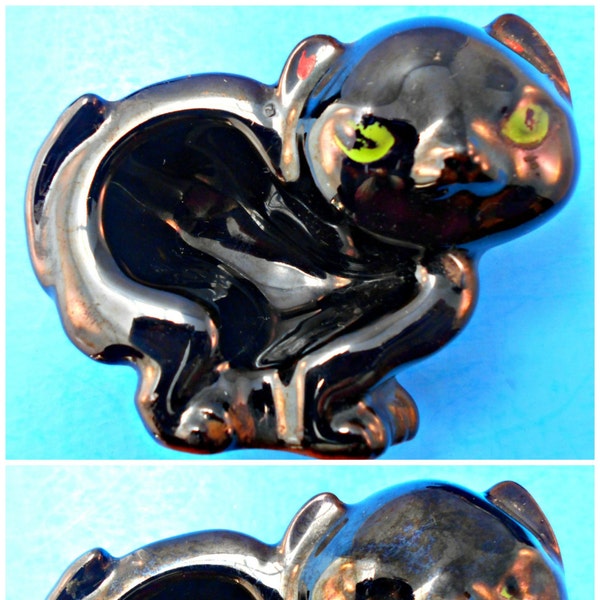 2 Ceramic Cat Ashtrays,  Cigarette Rests, Black Cat Ring Holders, Change Holders, Green Eyes, Vintage 1950's-60's, Rare Collectible