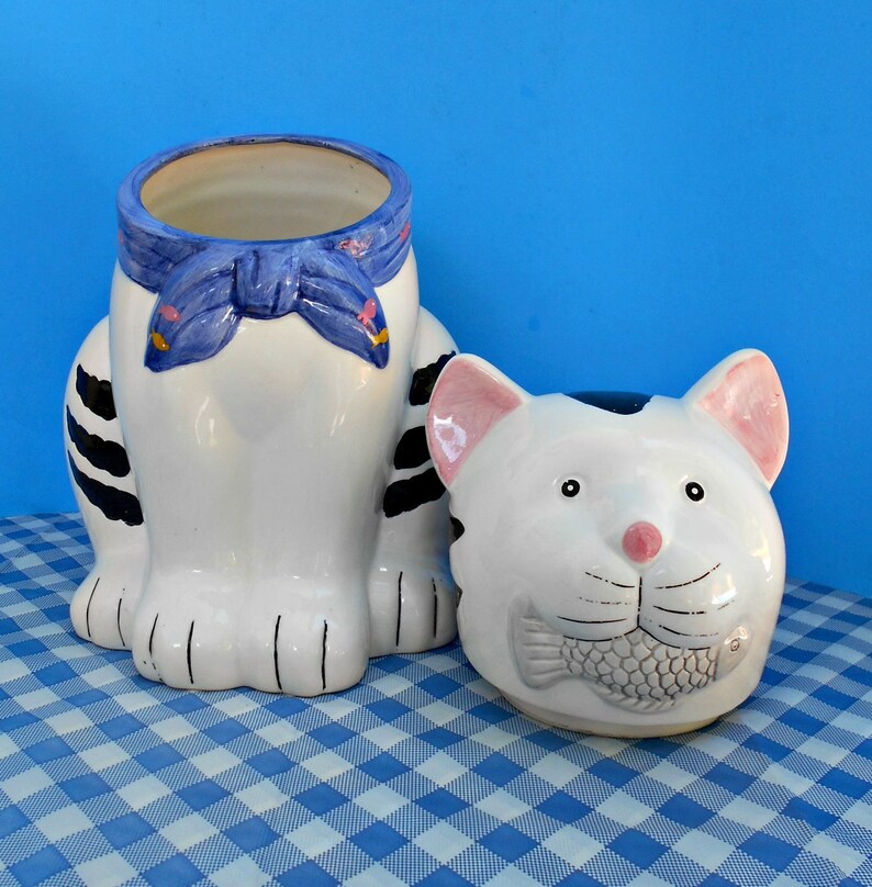 Large Ceramic Kitty Cat Cookie Jar White With Black Stripes Etsy