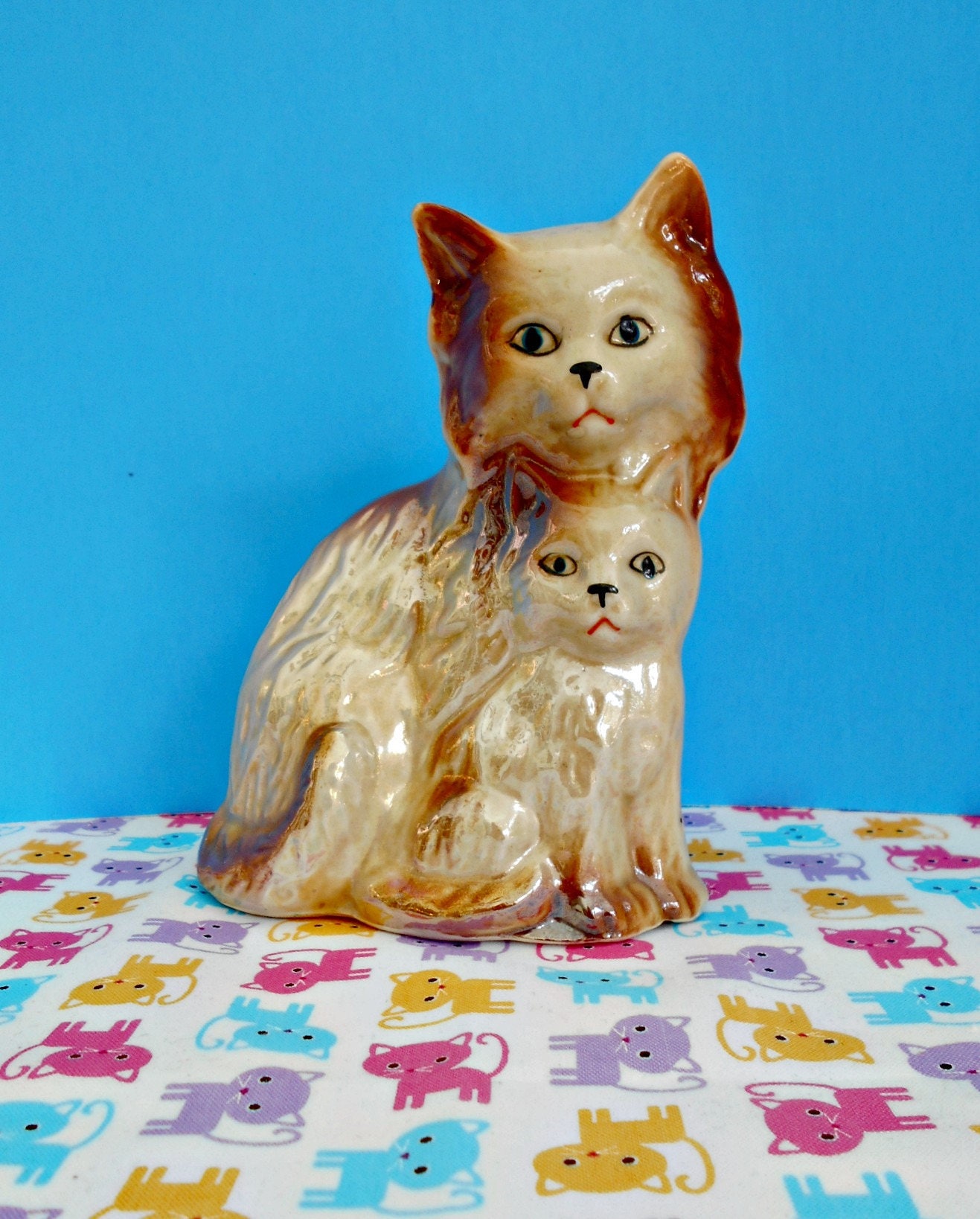 Ceramic Lusterware Cat With Kitten Figurine Orange And Beige Etsy