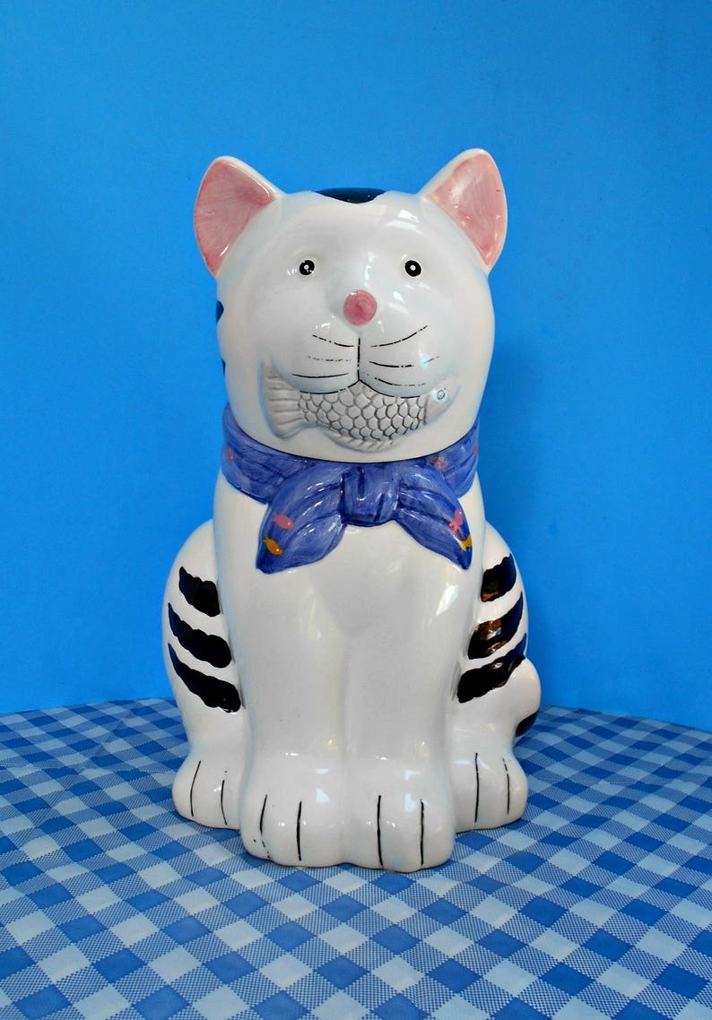 Large Ceramic Kitty Cat Cookie Jar White With Black Stripes Etsy