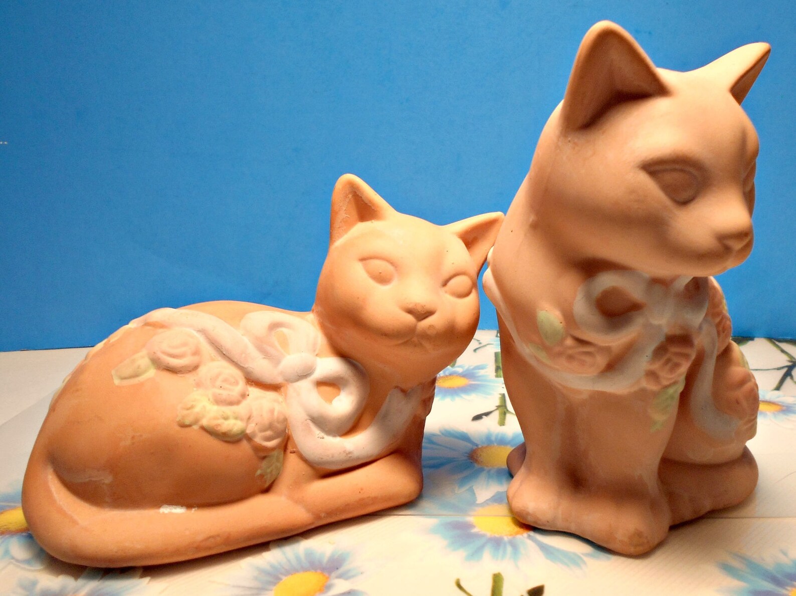Two Ceramic Floral Kitty Cats Hand Painted Pottery Cats Soft | Etsy